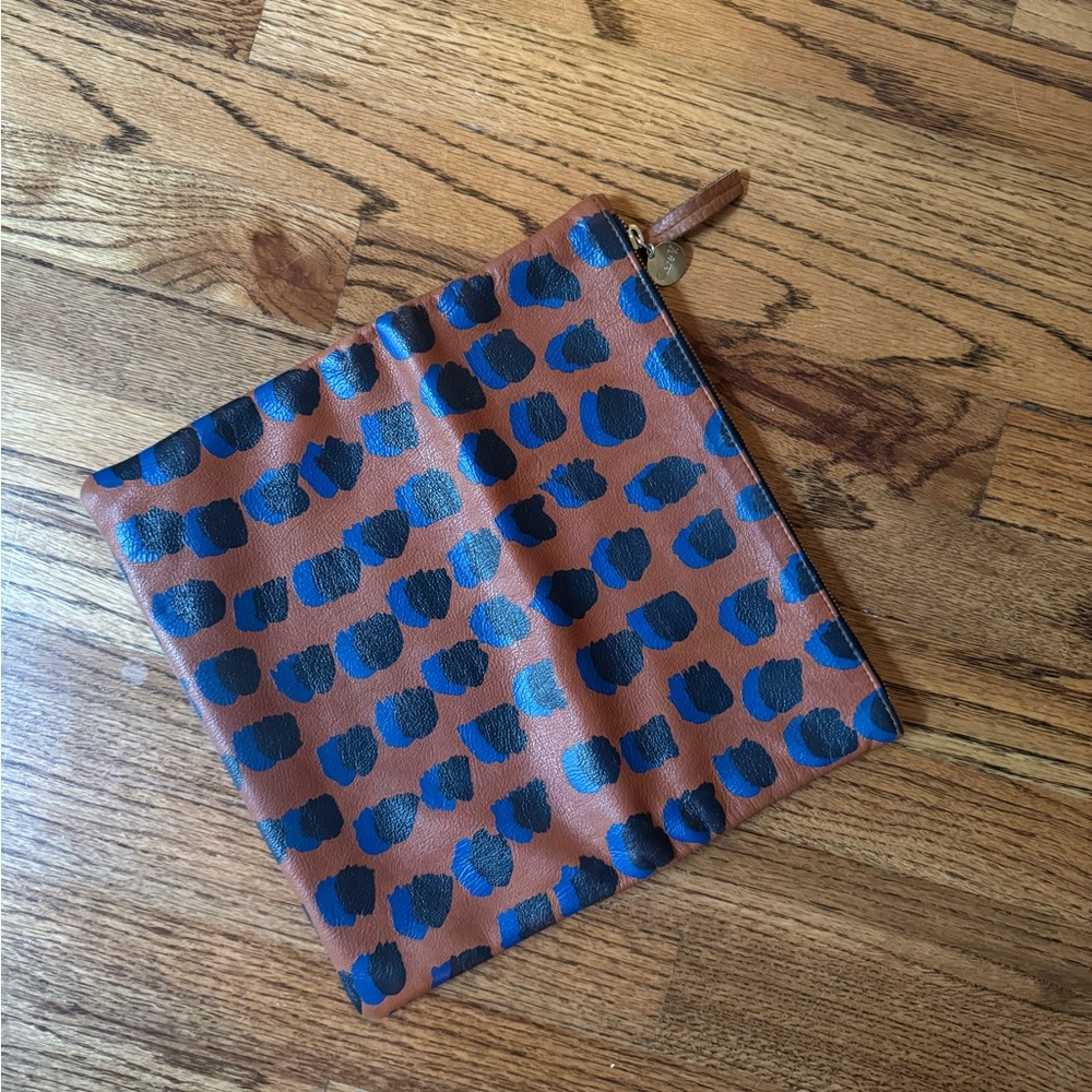Clare V Brown Leather Clutch with Navy Spot Print
